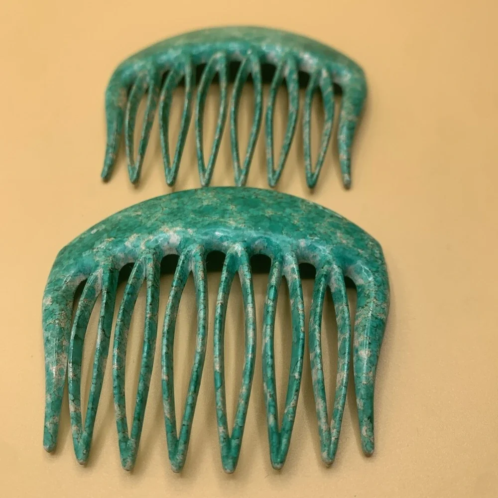 Vintage French Hair Comb Pair Teal  Marbled Multi Tone Style Made In France
